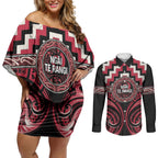 Aotearoa Ngai Te Rangi Personalised Couples Matching Off Shoulder Short Dress and Long Sleeve Button Shirt Maori Iwi Poutama Puhoro Tattoo