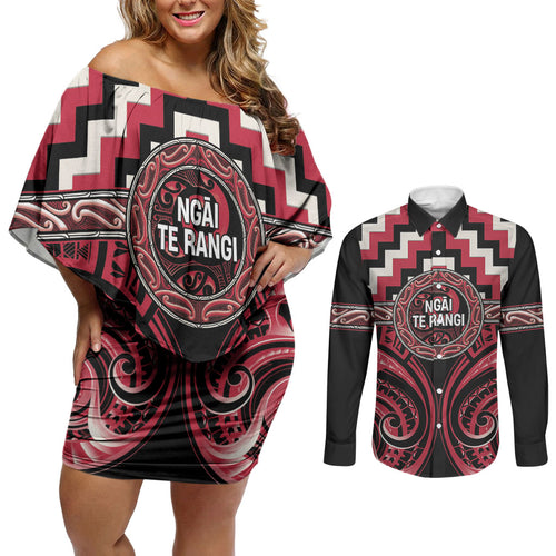 Aotearoa Ngai Te Rangi Personalised Couples Matching Off Shoulder Short Dress and Long Sleeve Button Shirt Maori Iwi Poutama Puhoro Tattoo