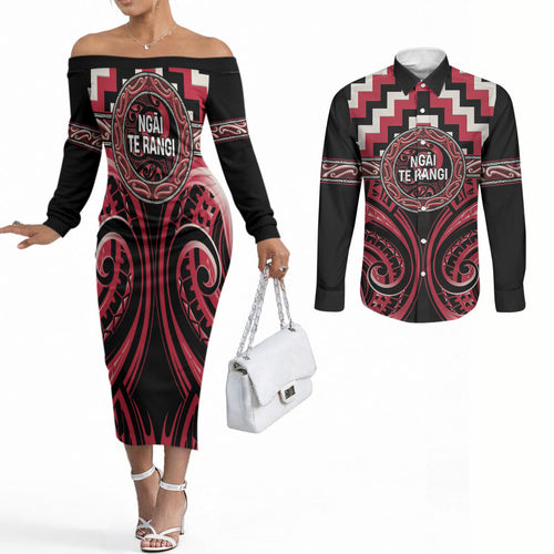 Aotearoa Ngai Te Rangi Personalised Couples Matching Off The Shoulder Long Sleeve Dress and Long Sleeve Button Shirt Maori Iwi Poutama Puhoro Tattoo