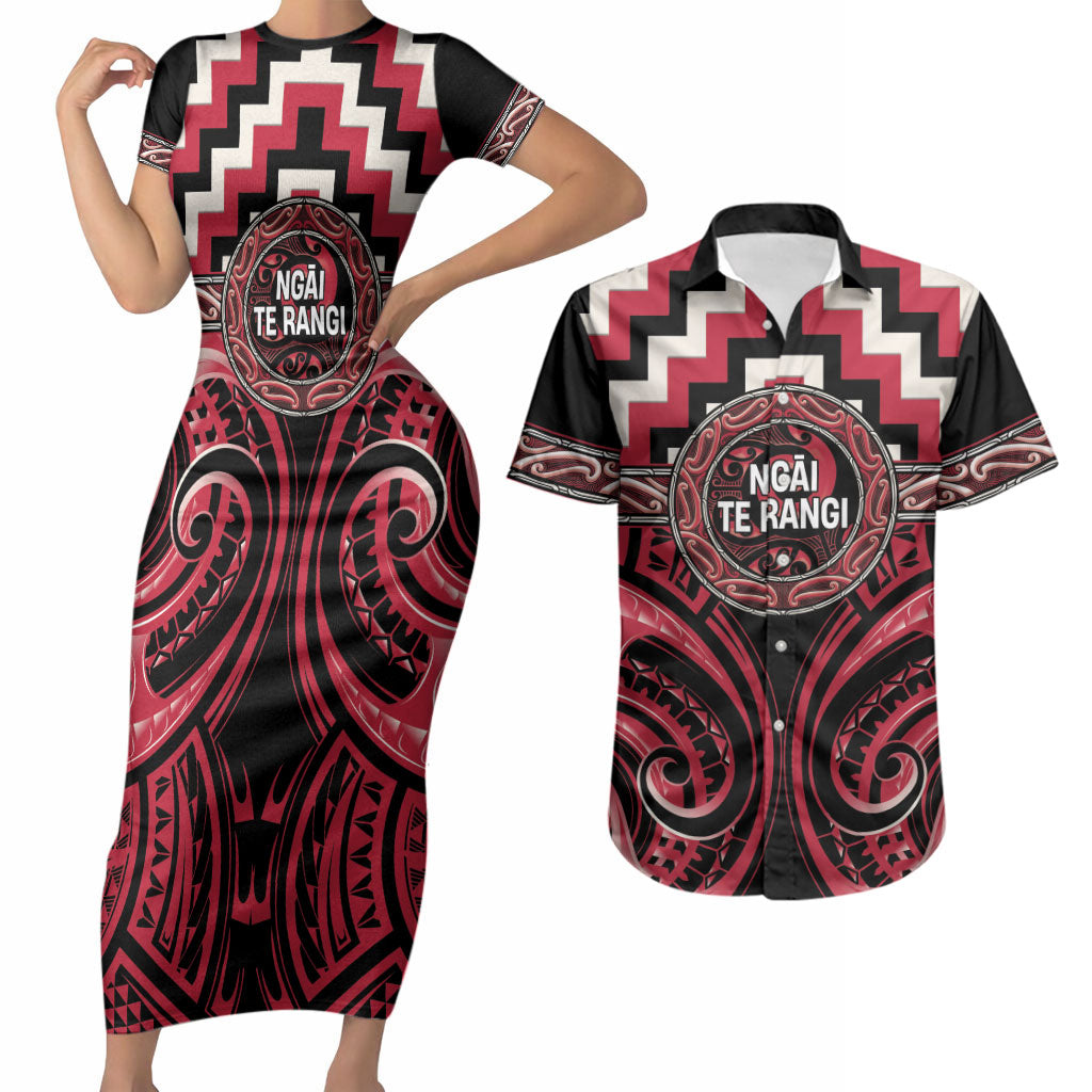 Aotearoa Ngai Te Rangi Personalised Couples Matching Short Sleeve Bodycon Dress and Hawaiian Shirt Maori Iwi Poutama Puhoro Tattoo