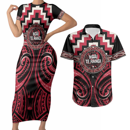 Aotearoa Ngai Te Rangi Personalised Couples Matching Short Sleeve Bodycon Dress and Hawaiian Shirt Maori Iwi Poutama Puhoro Tattoo