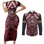 Aotearoa Ngai Te Rangi Personalised Couples Matching Short Sleeve Bodycon Dress and Long Sleeve Button Shirt Maori Iwi Poutama Puhoro Tattoo