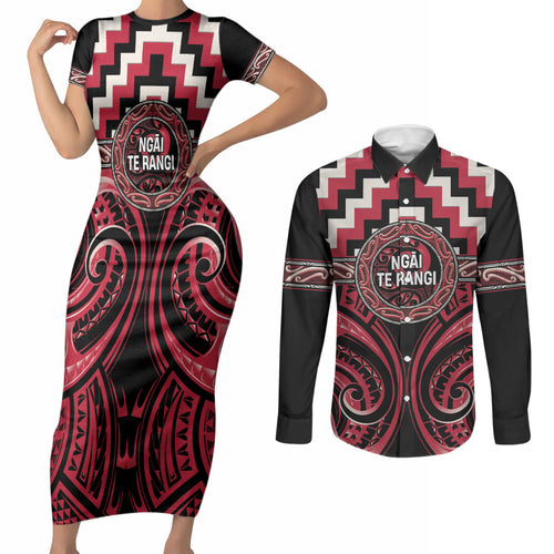 Aotearoa Ngai Te Rangi Personalised Couples Matching Short Sleeve Bodycon Dress and Long Sleeve Button Shirt Maori Iwi Poutama Puhoro Tattoo