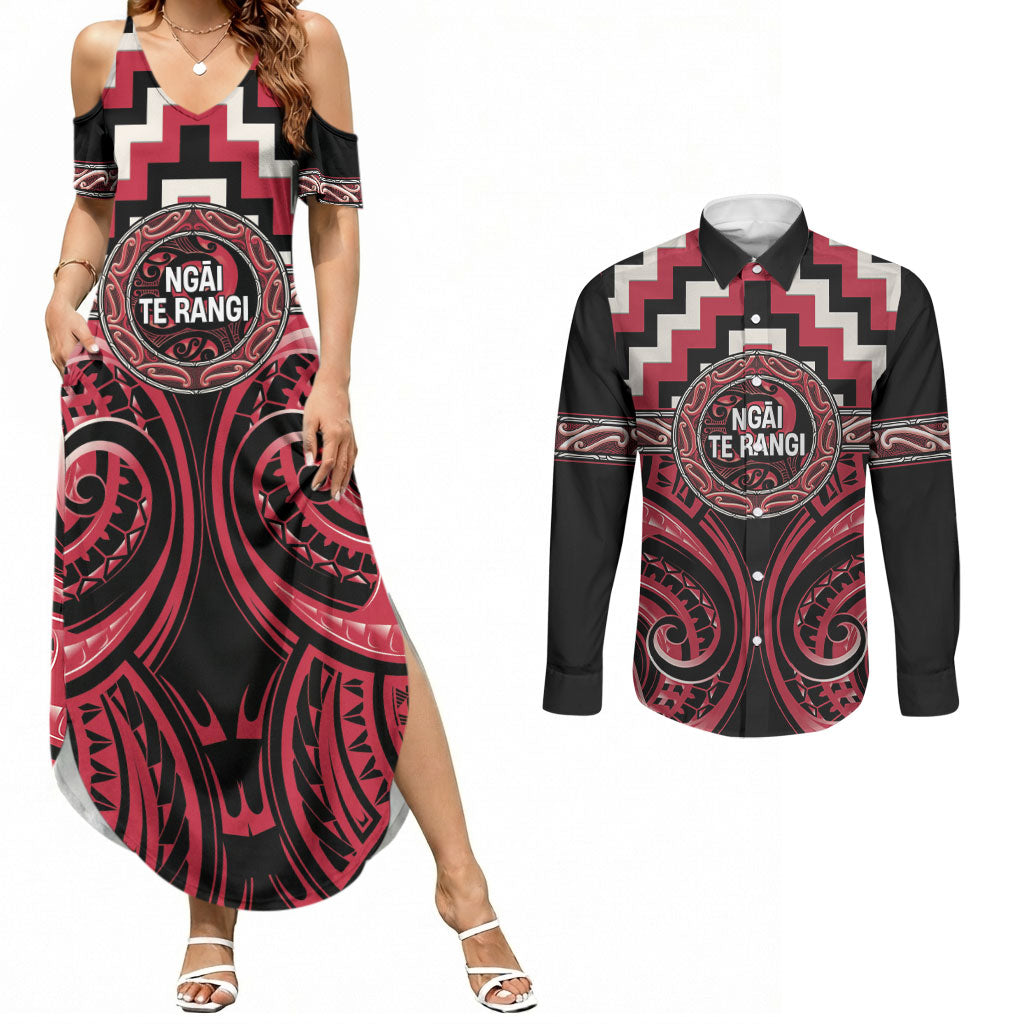 Aotearoa Ngai Te Rangi Personalised Couples Matching Summer Maxi Dress and Long Sleeve Button Shirt Maori Iwi Poutama Puhoro Tattoo