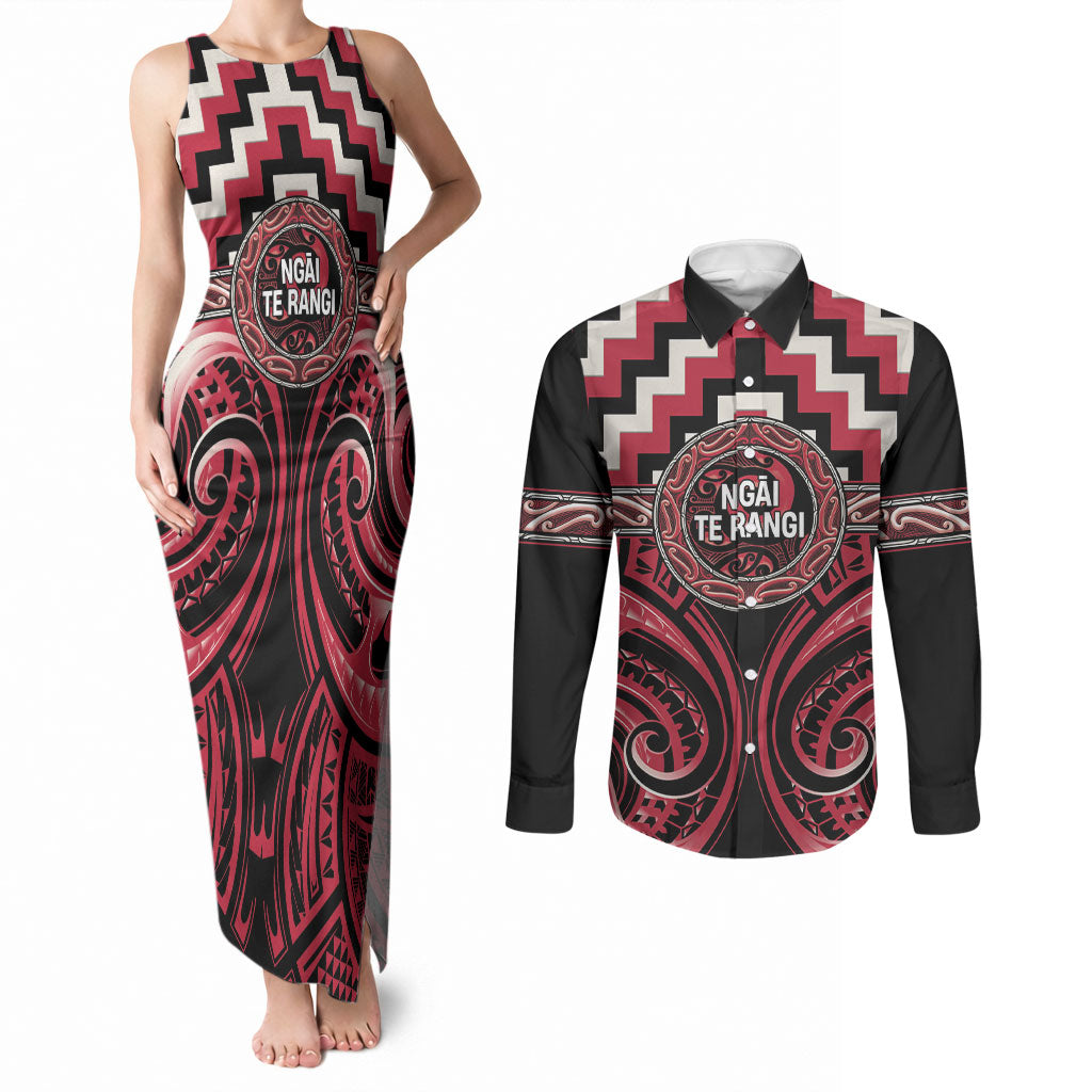 Aotearoa Ngai Te Rangi Personalised Couples Matching Tank Maxi Dress and Long Sleeve Button Shirt Maori Iwi Poutama Puhoro Tattoo