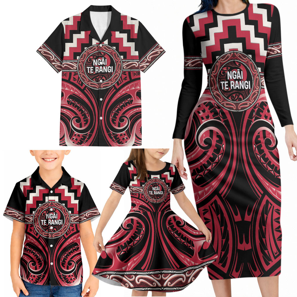 Aotearoa Ngai Te Rangi Personalised Family Matching Long Sleeve Bodycon Dress and Hawaiian Shirt Maori Iwi Poutama Puhoro Tattoo