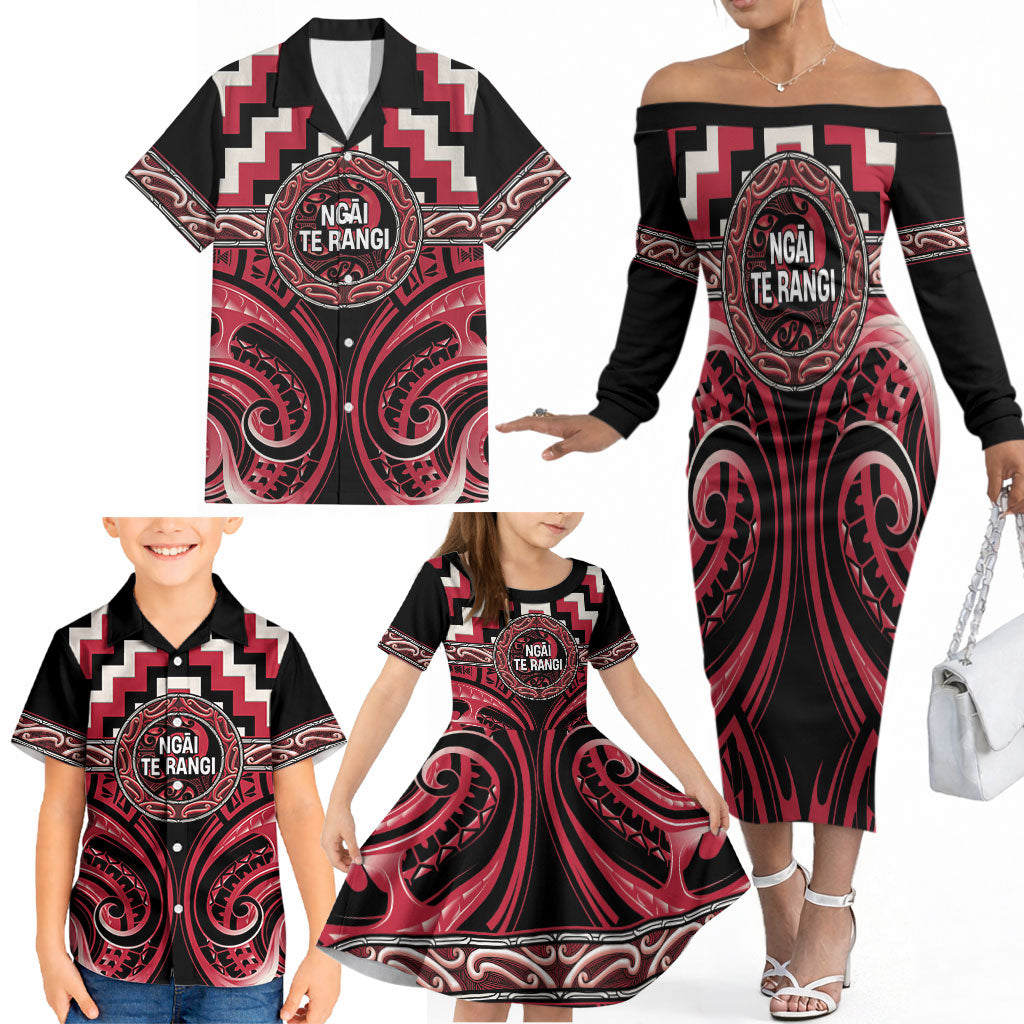 Aotearoa Ngai Te Rangi Personalised Family Matching Off The Shoulder Long Sleeve Dress and Hawaiian Shirt Maori Iwi Poutama Puhoro Tattoo