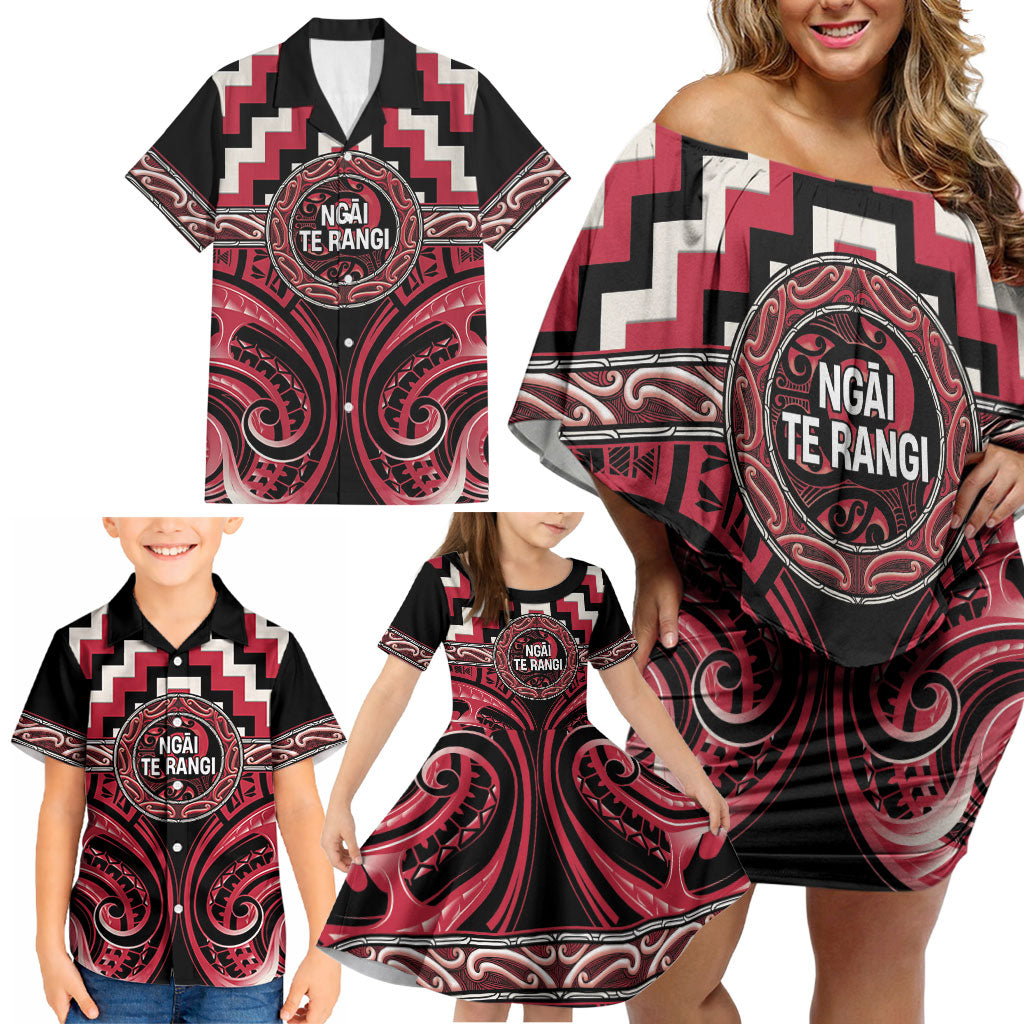 Aotearoa Ngai Te Rangi Personalised Family Matching Off Shoulder Short Dress and Hawaiian Shirt Maori Iwi Poutama Puhoro Tattoo