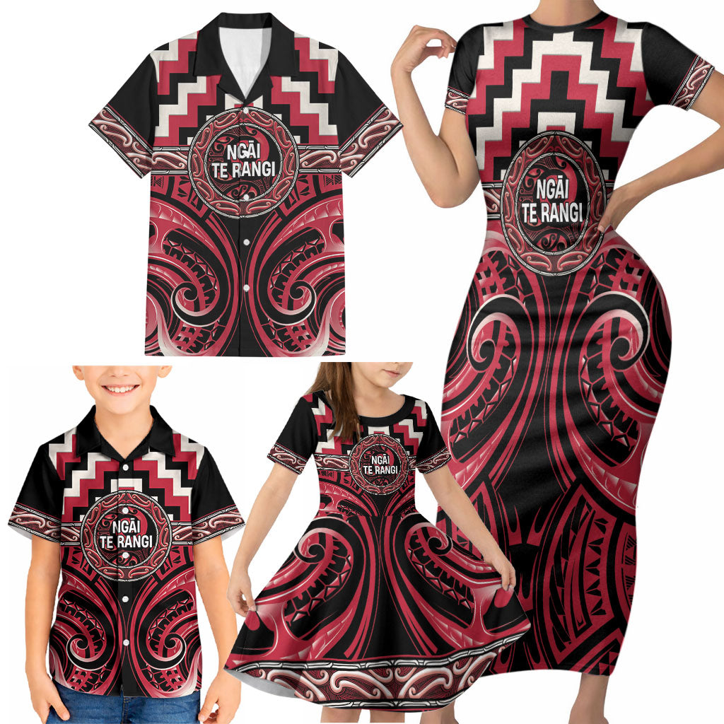 Aotearoa Ngai Te Rangi Personalised Family Matching Short Sleeve Bodycon Dress and Hawaiian Shirt Maori Iwi Poutama Puhoro Tattoo