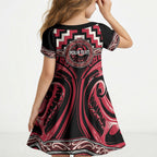 Aotearoa Ngai Te Rangi Personalised Kid Short Sleeve Dress Maori Iwi Poutama Puhoro Tattoo