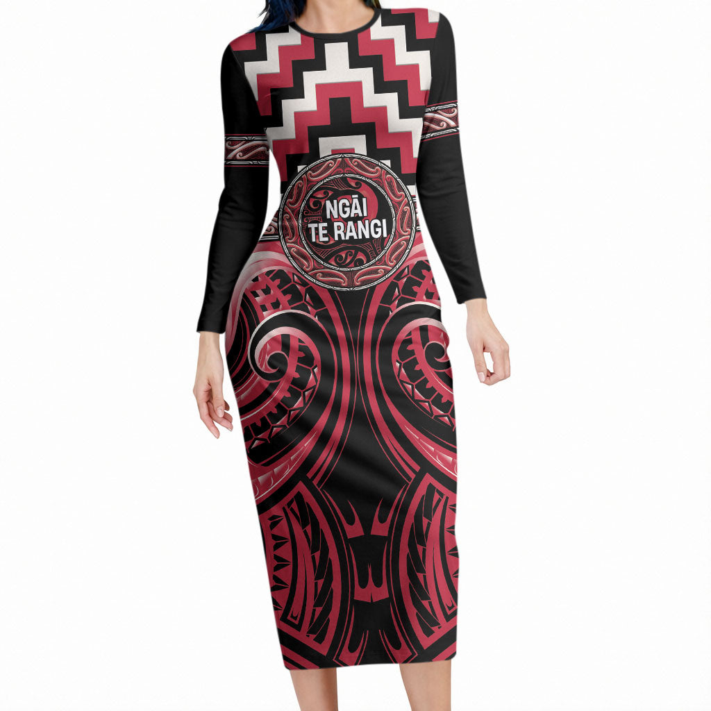 Aotearoa Ngai Te Rangi Personalised Long Sleeve Bodycon Dress Maori Iwi Poutama Puhoro Tattoo