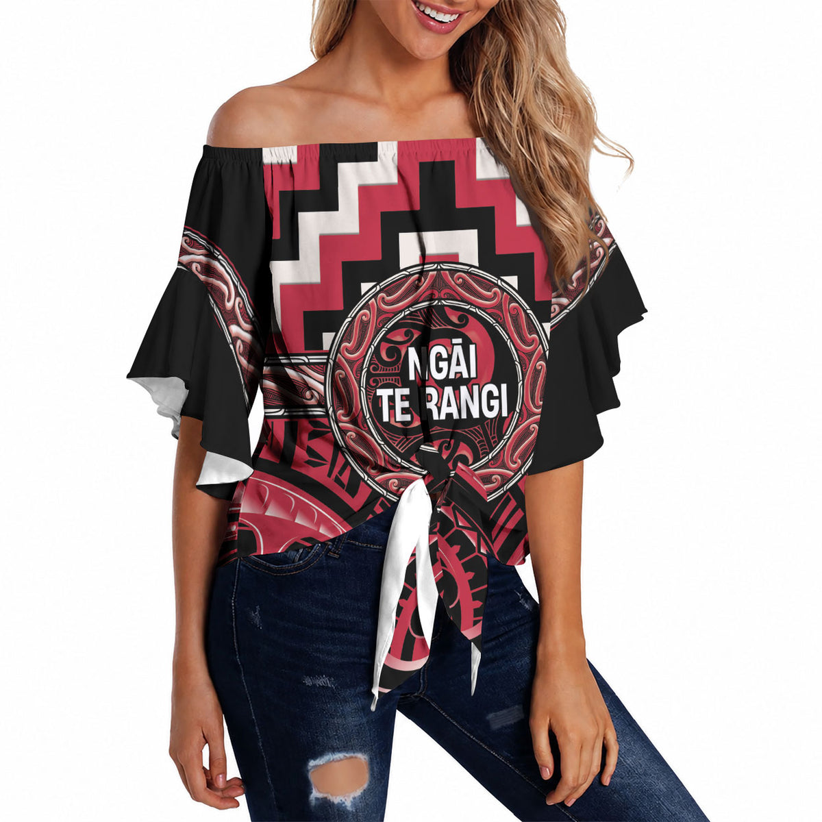 Aotearoa Ngai Te Rangi Personalised Off Shoulder Wrap Waist Top Maori Iwi Poutama Puhoro Tattoo
