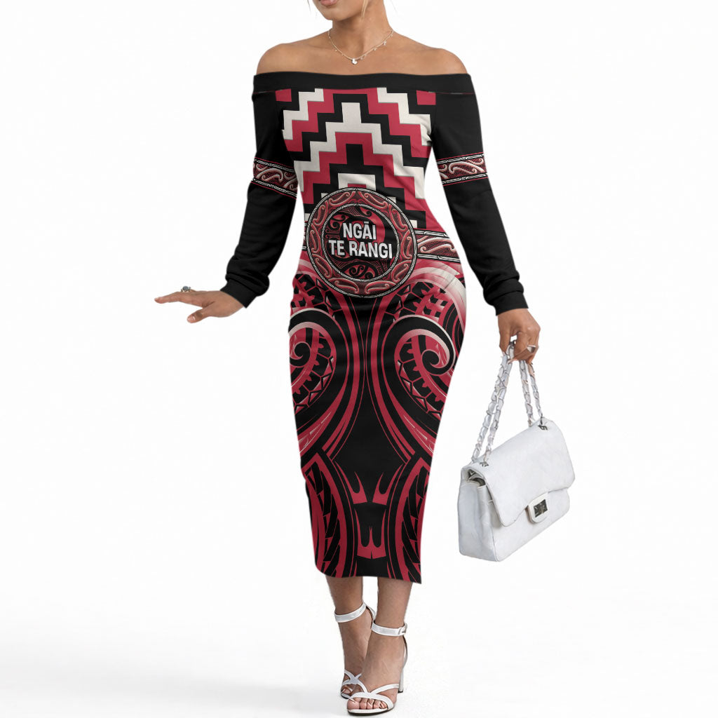 Aotearoa Ngai Te Rangi Personalised Off The Shoulder Long Sleeve Dress Maori Iwi Poutama Puhoro Tattoo