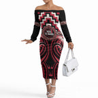 Aotearoa Ngai Te Rangi Personalised Off The Shoulder Long Sleeve Dress Maori Iwi Poutama Puhoro Tattoo