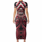 Aotearoa Ngai Te Rangi Personalised Short Sleeve Bodycon Dress Maori Iwi Poutama Puhoro Tattoo