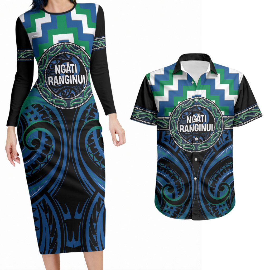 Aotearoa Ngati Ranginui Personalised Couples Matching Long Sleeve Bodycon Dress and Hawaiian Shirt Maori Iwi Poutama Puhoro Tattoo