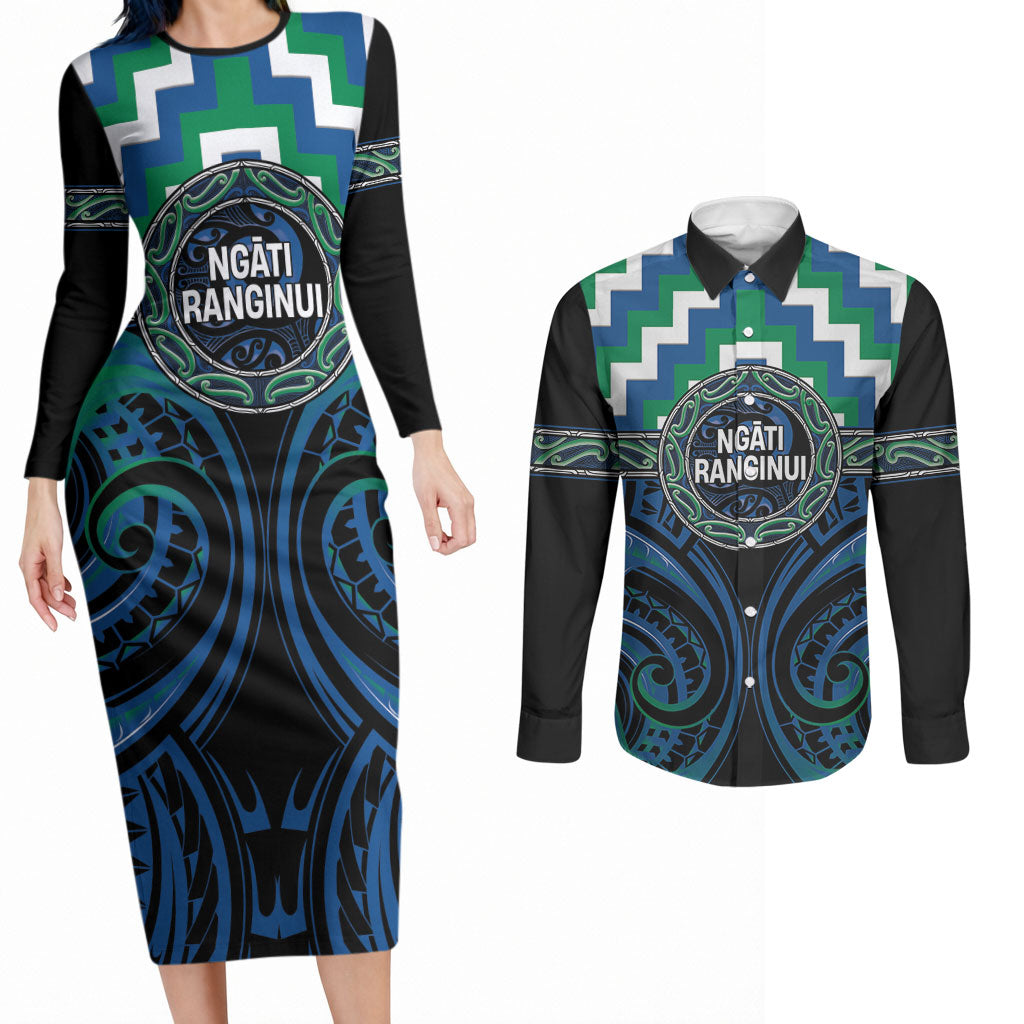 Aotearoa Ngati Ranginui Personalised Couples Matching Long Sleeve Bodycon Dress and Long Sleeve Button Shirt Maori Iwi Poutama Puhoro Tattoo
