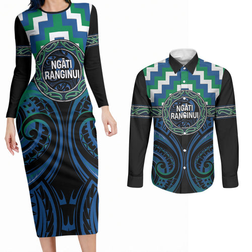 Aotearoa Ngati Ranginui Personalised Couples Matching Long Sleeve Bodycon Dress and Long Sleeve Button Shirt Maori Iwi Poutama Puhoro Tattoo