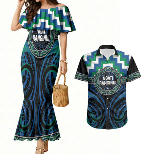 Aotearoa Ngati Ranginui Personalised Couples Matching Mermaid Dress and Hawaiian Shirt Maori Iwi Poutama Puhoro Tattoo