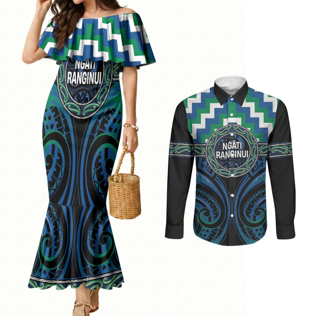 Aotearoa Ngati Ranginui Personalised Couples Matching Mermaid Dress and Long Sleeve Button Shirt Maori Iwi Poutama Puhoro Tattoo