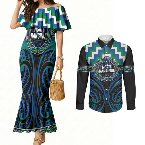 Aotearoa Ngati Ranginui Personalised Couples Matching Mermaid Dress and Long Sleeve Button Shirt Maori Iwi Poutama Puhoro Tattoo