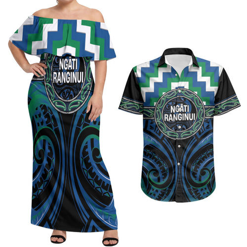 Aotearoa Ngati Ranginui Personalised Couples Matching Off Shoulder Maxi Dress and Hawaiian Shirt Maori Iwi Poutama Puhoro Tattoo