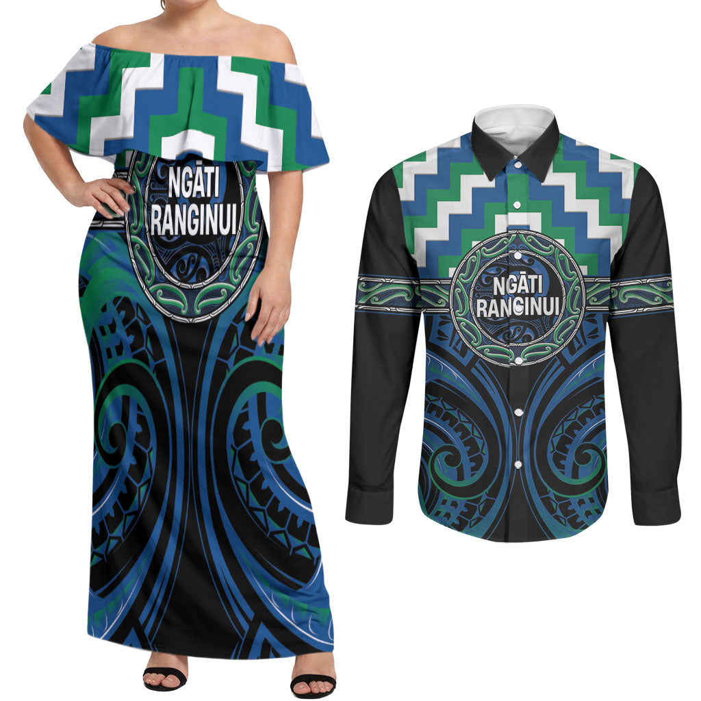 Aotearoa Ngati Ranginui Personalised Couples Matching Off Shoulder Maxi Dress and Long Sleeve Button Shirt Maori Iwi Poutama Puhoro Tattoo