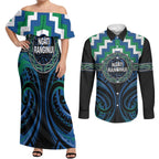 Aotearoa Ngati Ranginui Personalised Couples Matching Off Shoulder Maxi Dress and Long Sleeve Button Shirt Maori Iwi Poutama Puhoro Tattoo