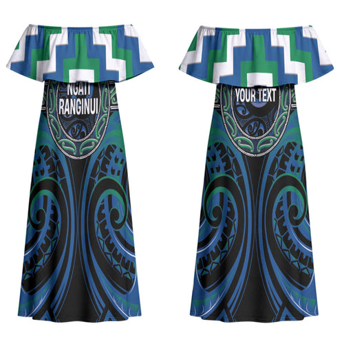 Aotearoa Ngati Ranginui Personalised Couples Matching Off Shoulder Maxi Dress and Long Sleeve Button Shirt Maori Iwi Poutama Puhoro Tattoo