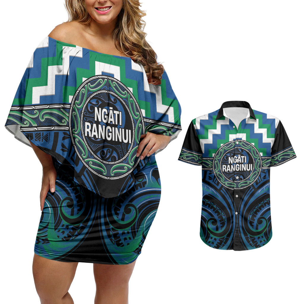 Aotearoa Ngati Ranginui Personalised Couples Matching Off Shoulder Short Dress and Hawaiian Shirt Maori Iwi Poutama Puhoro Tattoo