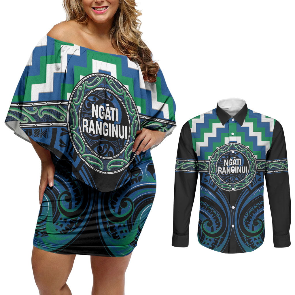 Aotearoa Ngati Ranginui Personalised Couples Matching Off Shoulder Short Dress and Long Sleeve Button Shirt Maori Iwi Poutama Puhoro Tattoo