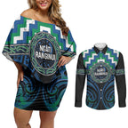 Aotearoa Ngati Ranginui Personalised Couples Matching Off Shoulder Short Dress and Long Sleeve Button Shirt Maori Iwi Poutama Puhoro Tattoo