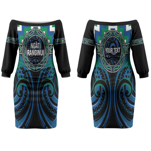 Aotearoa Ngati Ranginui Personalised Couples Matching Off The Shoulder Long Sleeve Dress and Hawaiian Shirt Maori Iwi Poutama Puhoro Tattoo