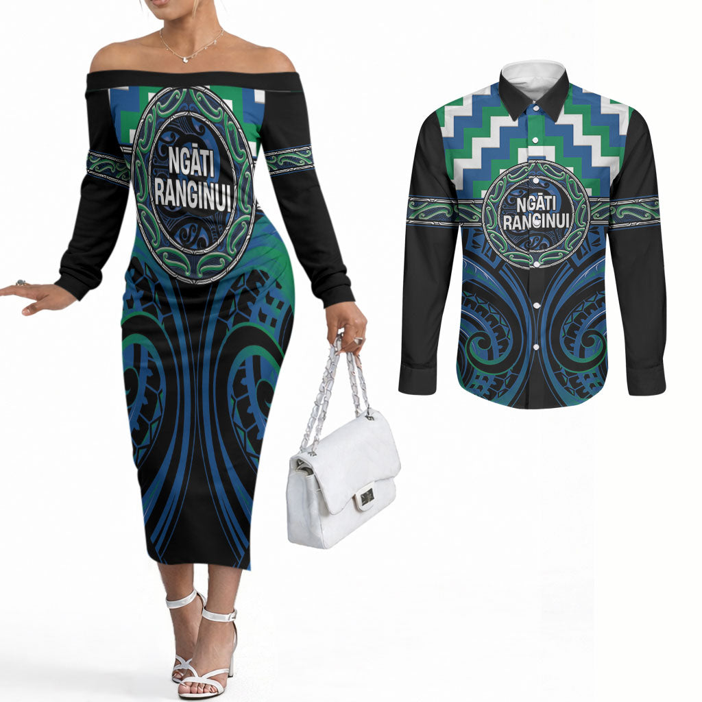 Aotearoa Ngati Ranginui Personalised Couples Matching Off The Shoulder Long Sleeve Dress and Long Sleeve Button Shirt Maori Iwi Poutama Puhoro Tattoo