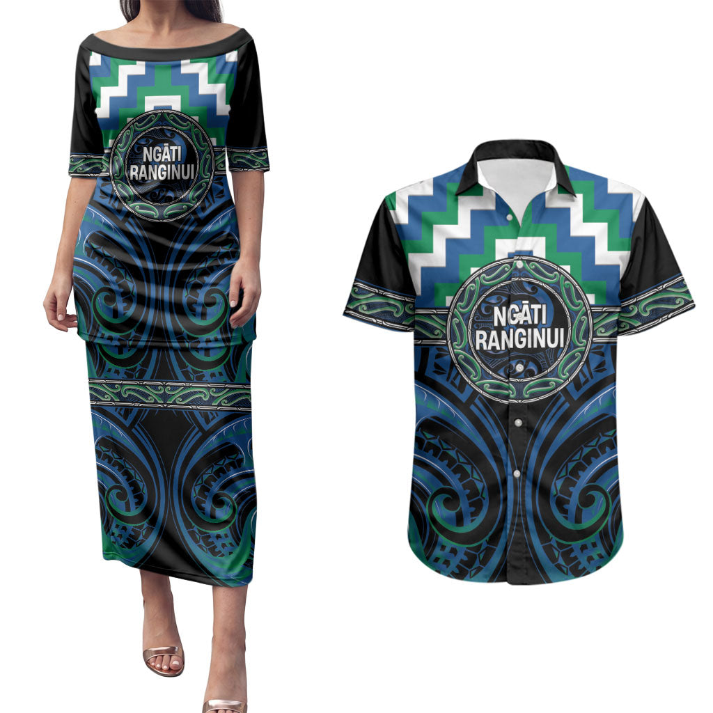 Aotearoa Ngati Ranginui Personalised Couples Matching Puletasi and Hawaiian Shirt Maori Iwi Poutama Puhoro Tattoo