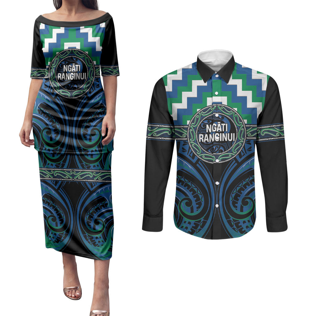 Aotearoa Ngati Ranginui Personalised Couples Matching Puletasi and Long Sleeve Button Shirt Maori Iwi Poutama Puhoro Tattoo