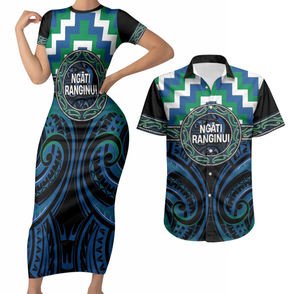 Aotearoa Ngati Ranginui Personalised Couples Matching Short Sleeve Bodycon Dress and Hawaiian Shirt Maori Iwi Poutama Puhoro Tattoo