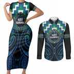 Aotearoa Ngati Ranginui Personalised Couples Matching Short Sleeve Bodycon Dress and Long Sleeve Button Shirt Maori Iwi Poutama Puhoro Tattoo