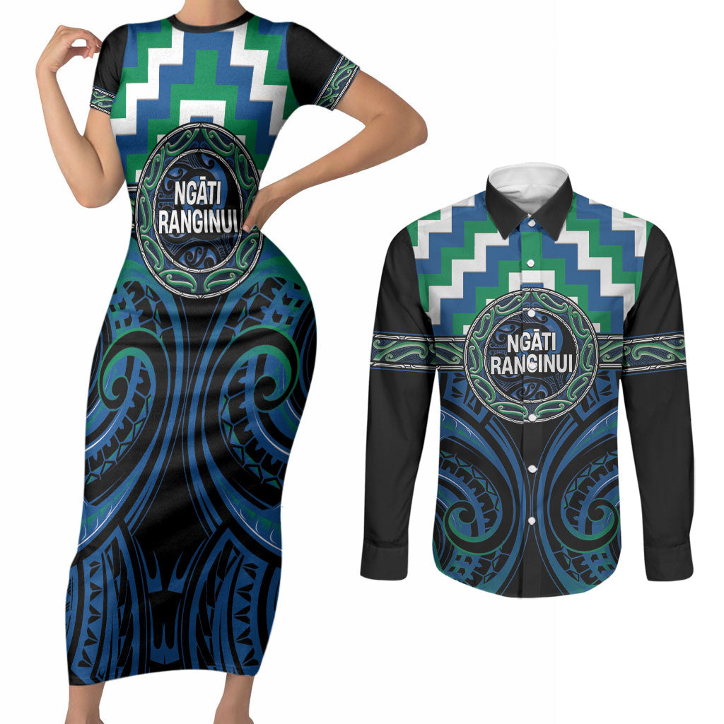 Aotearoa Ngati Ranginui Personalised Couples Matching Short Sleeve Bodycon Dress and Long Sleeve Button Shirt Maori Iwi Poutama Puhoro Tattoo