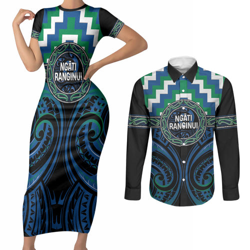 Aotearoa Ngati Ranginui Personalised Couples Matching Short Sleeve Bodycon Dress and Long Sleeve Button Shirt Maori Iwi Poutama Puhoro Tattoo
