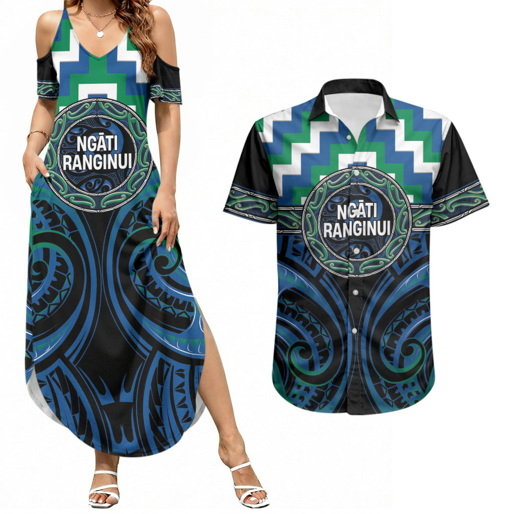 Aotearoa Ngati Ranginui Personalised Couples Matching Summer Maxi Dress and Hawaiian Shirt Maori Iwi Poutama Puhoro Tattoo