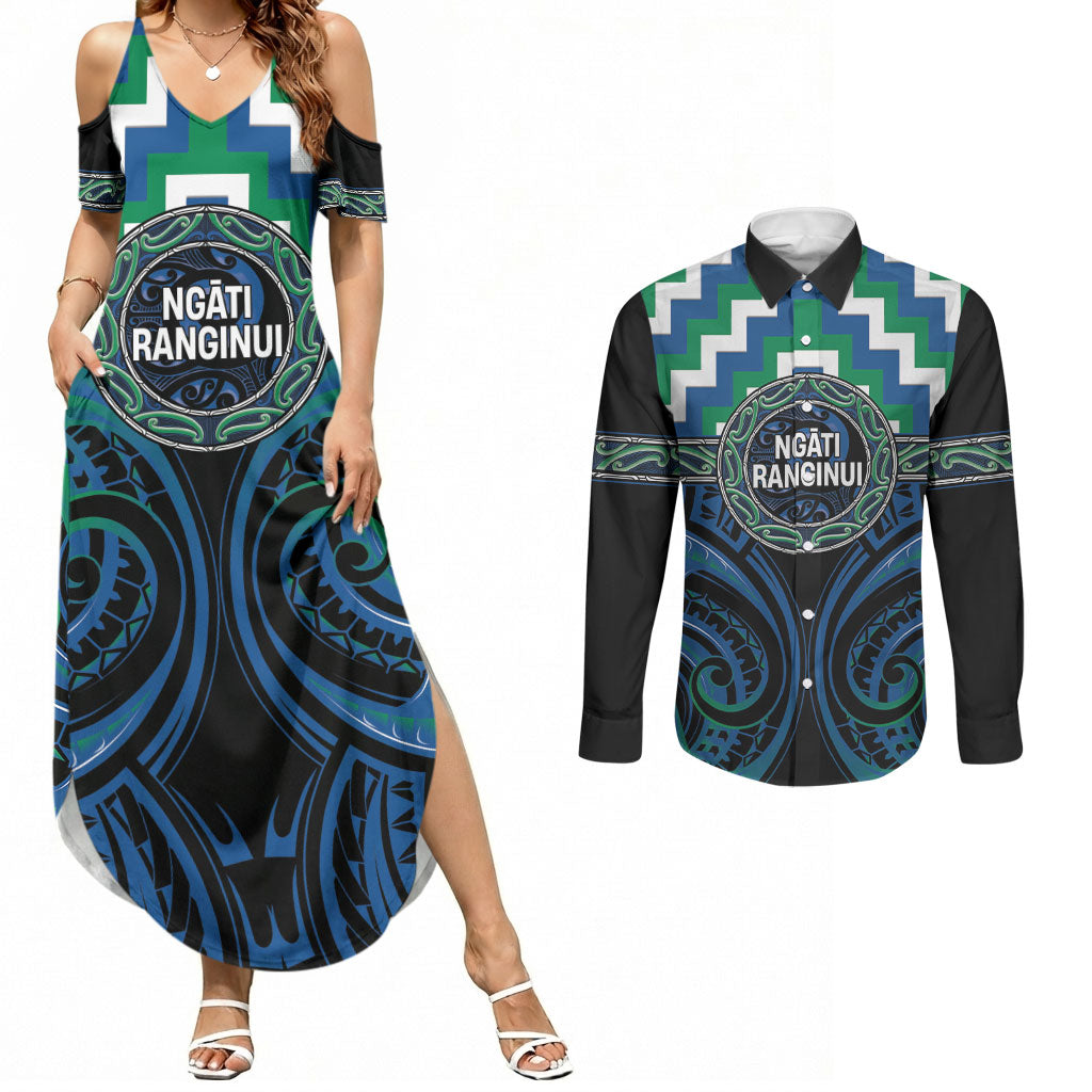 Aotearoa Ngati Ranginui Personalised Couples Matching Summer Maxi Dress and Long Sleeve Button Shirt Maori Iwi Poutama Puhoro Tattoo