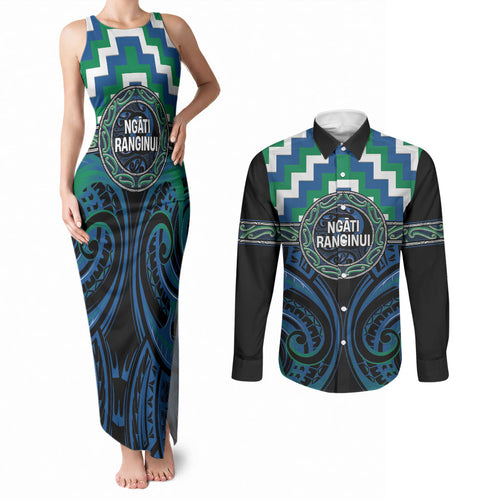 Aotearoa Ngati Ranginui Personalised Couples Matching Tank Maxi Dress and Long Sleeve Button Shirt Maori Iwi Poutama Puhoro Tattoo