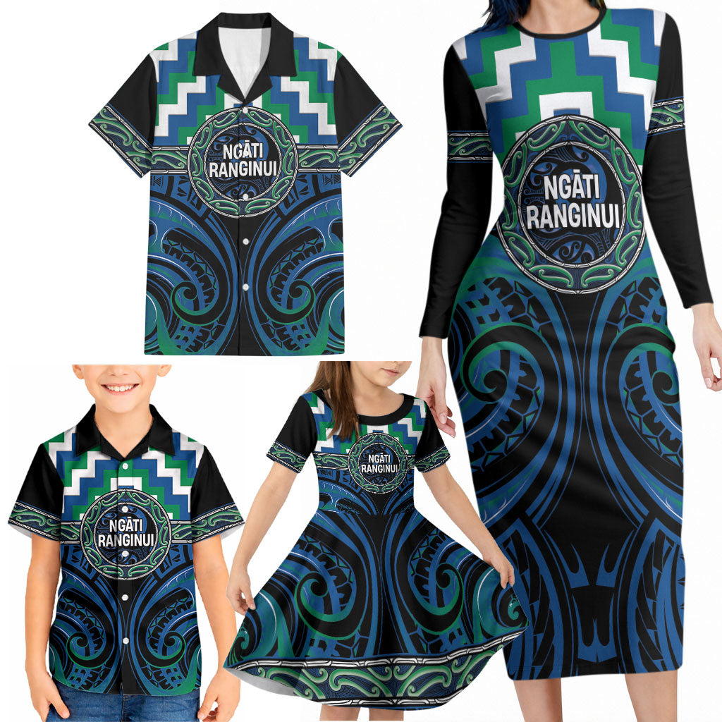 Aotearoa Ngati Ranginui Personalised Family Matching Long Sleeve Bodycon Dress and Hawaiian Shirt Maori Iwi Poutama Puhoro Tattoo