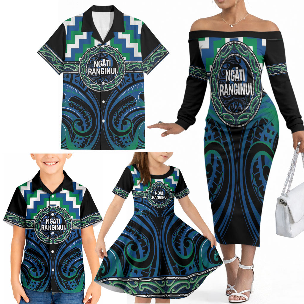 Aotearoa Ngati Ranginui Personalised Family Matching Off The Shoulder Long Sleeve Dress and Hawaiian Shirt Maori Iwi Poutama Puhoro Tattoo