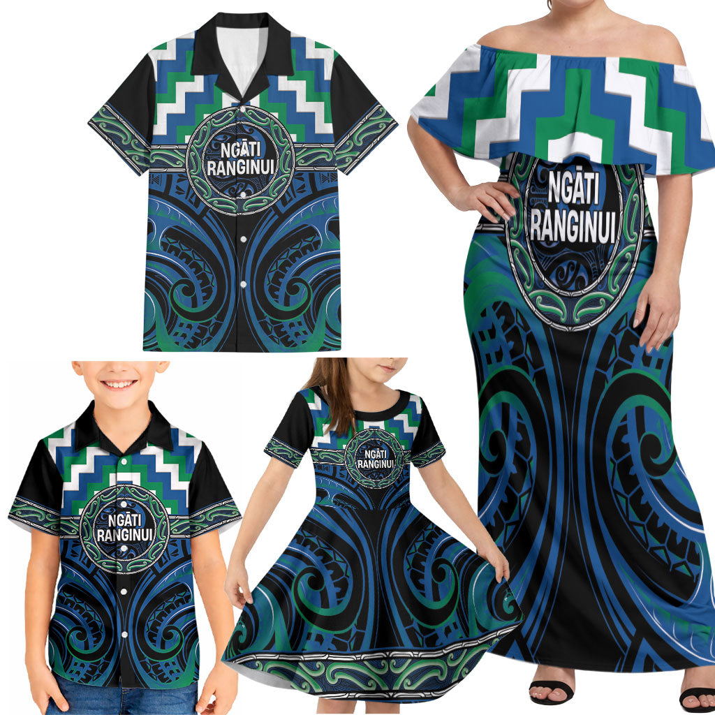 Aotearoa Ngati Ranginui Personalised Family Matching Off Shoulder Maxi Dress and Hawaiian Shirt Maori Iwi Poutama Puhoro Tattoo