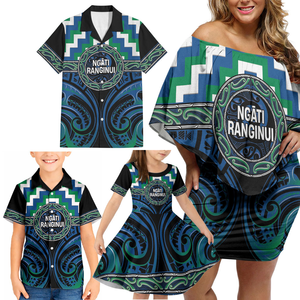 Aotearoa Ngati Ranginui Personalised Family Matching Off Shoulder Short Dress and Hawaiian Shirt Maori Iwi Poutama Puhoro Tattoo