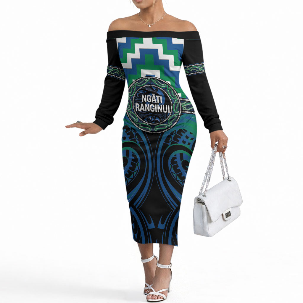 Aotearoa Ngati Ranginui Personalised Off The Shoulder Long Sleeve Dress Maori Iwi Poutama Puhoro Tattoo