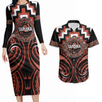 Aotearoa Tapuika Personalised Couples Matching Long Sleeve Bodycon Dress and Hawaiian Shirt Maori Iwi Poutama Puhoro Tattoo
