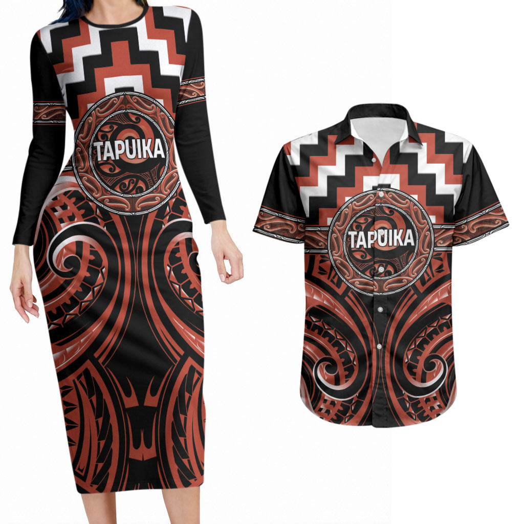 Aotearoa Tapuika Personalised Couples Matching Long Sleeve Bodycon Dress and Hawaiian Shirt Maori Iwi Poutama Puhoro Tattoo